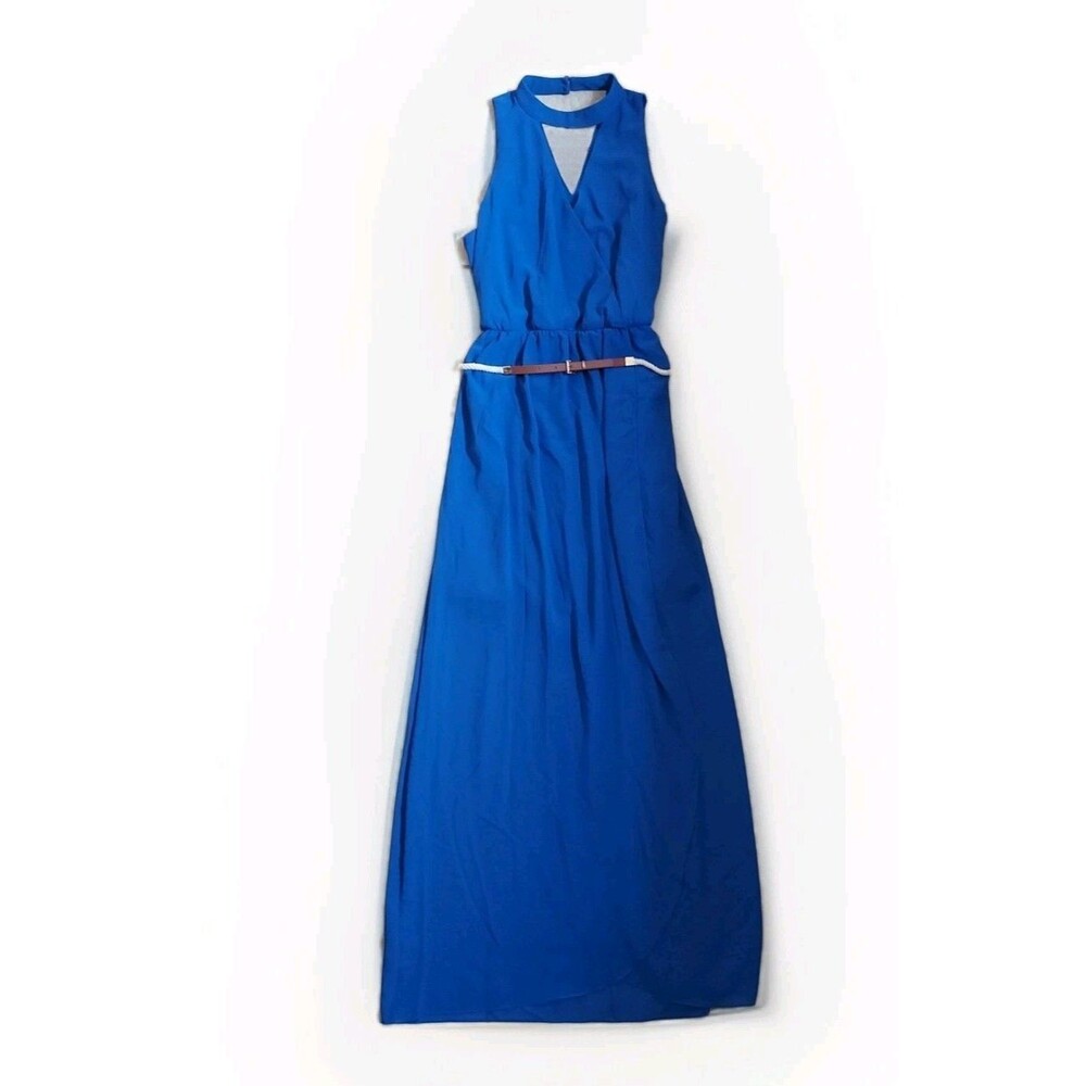 By & By Women's Blue Belted Halter Gown Maxi Dress Size Medium